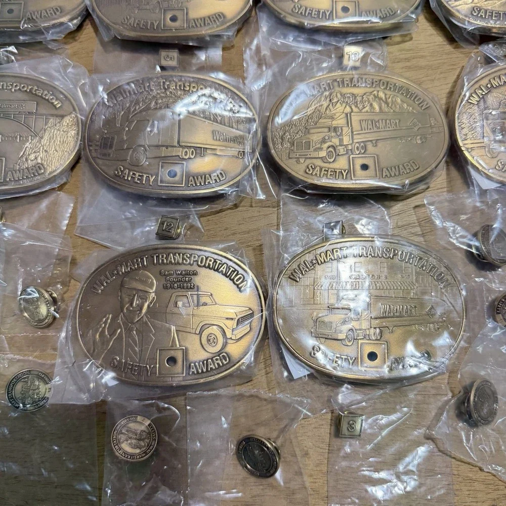 Vintage Wal-Mart Transportation Safety Award Belt Buckle Lot of 14 Brass Pins